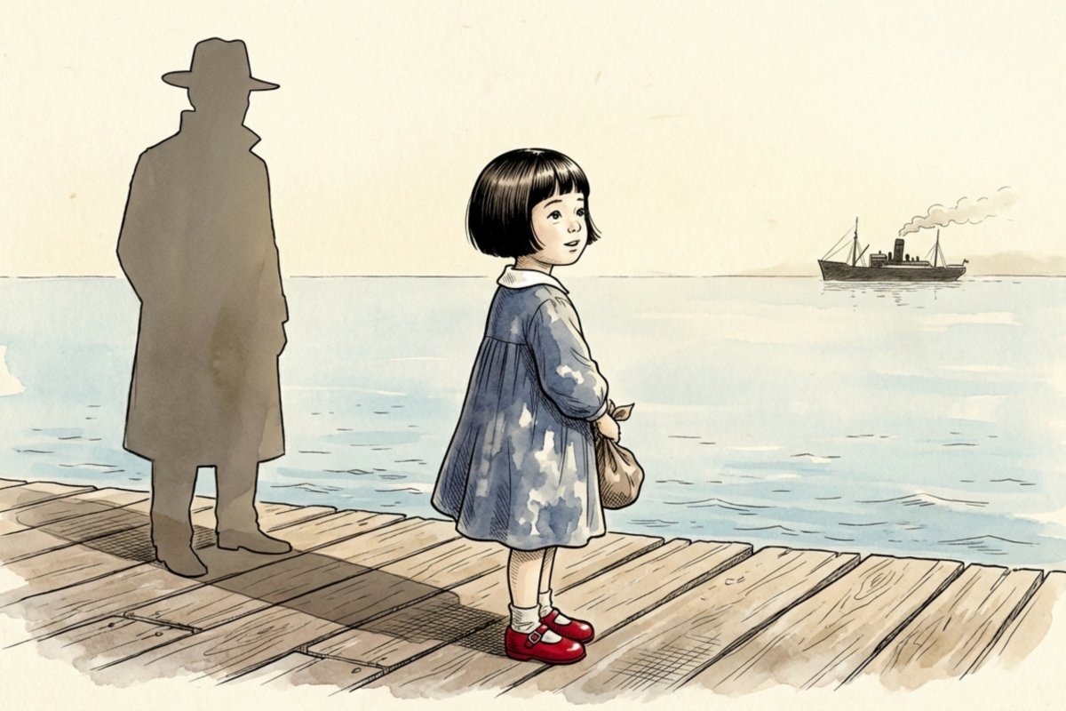 桟橋に立つ少女が赤い靴を履き、背後に帽子の人物の影と沖合の船が描かれた場面。赤い靴の歌詞が怖いと感じる「異人さんに連れられる」不安が重なる構図