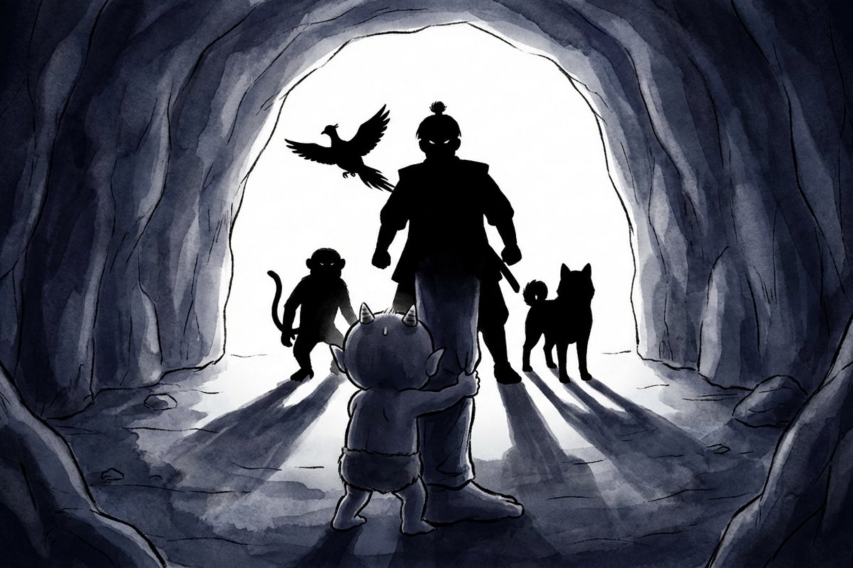 桃太郎の一行が暗い洞窟の出口で鬼と向き合う人物と犬・猿・雉のシルエット