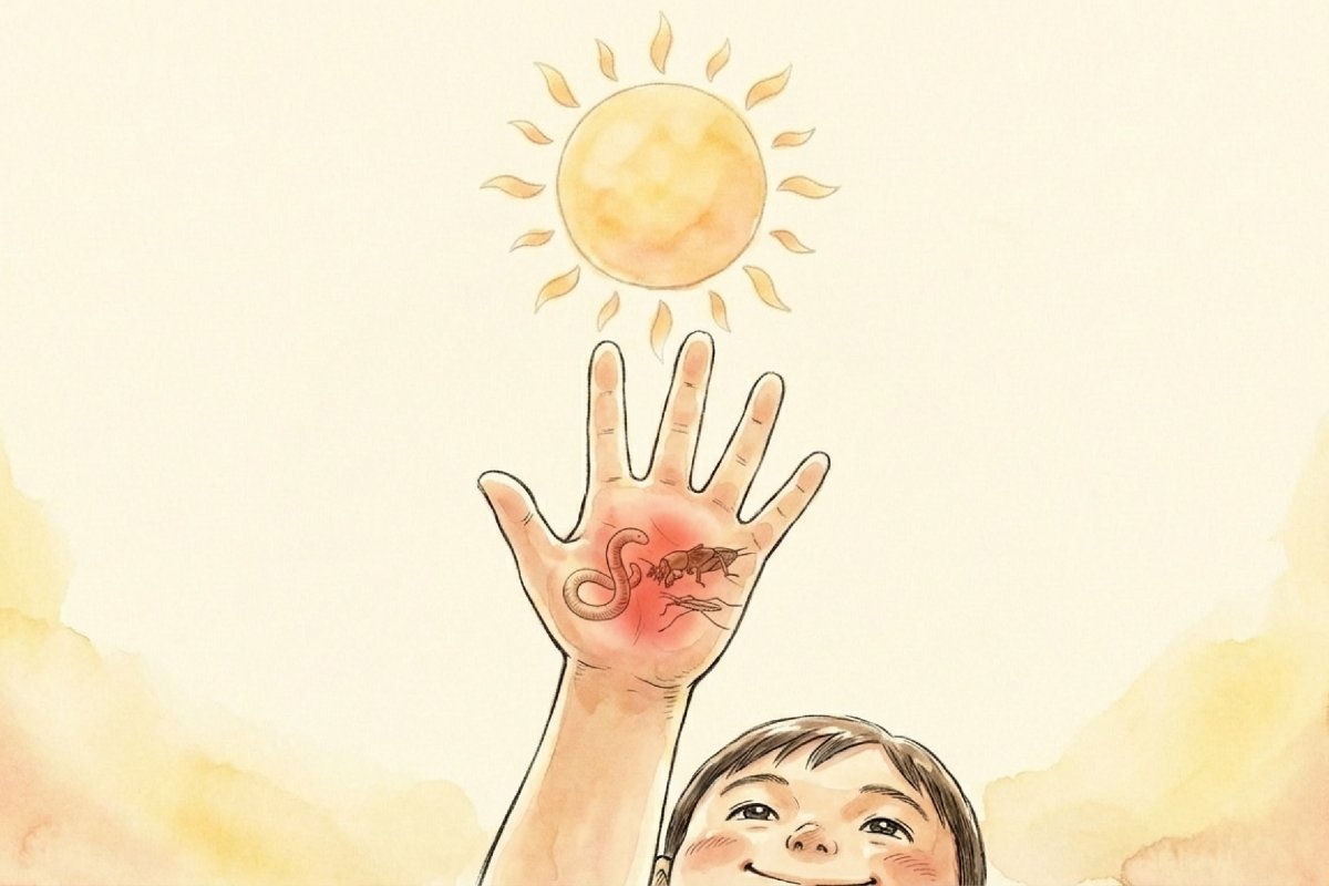 空に太陽が輝き、子どもが手のひらを掲げる水彩イラスト。掌が赤く染まり、ミミズやオケラなどの小さな生き物が重なることで、「手のひらを太陽に」の歌詞が怖いと感じる要素を伝える。