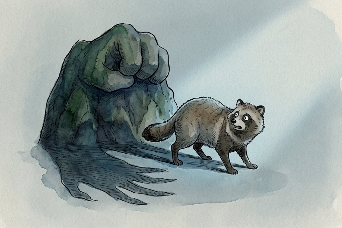 拳の形に見える岩山の前で、タヌキが振り返り不安げに立つ水彩イラスト。薄暗い背景が『げんこつ山のたぬきさん』の歌詞が怖いという噂や都市伝説を読む視点につながる一枚。