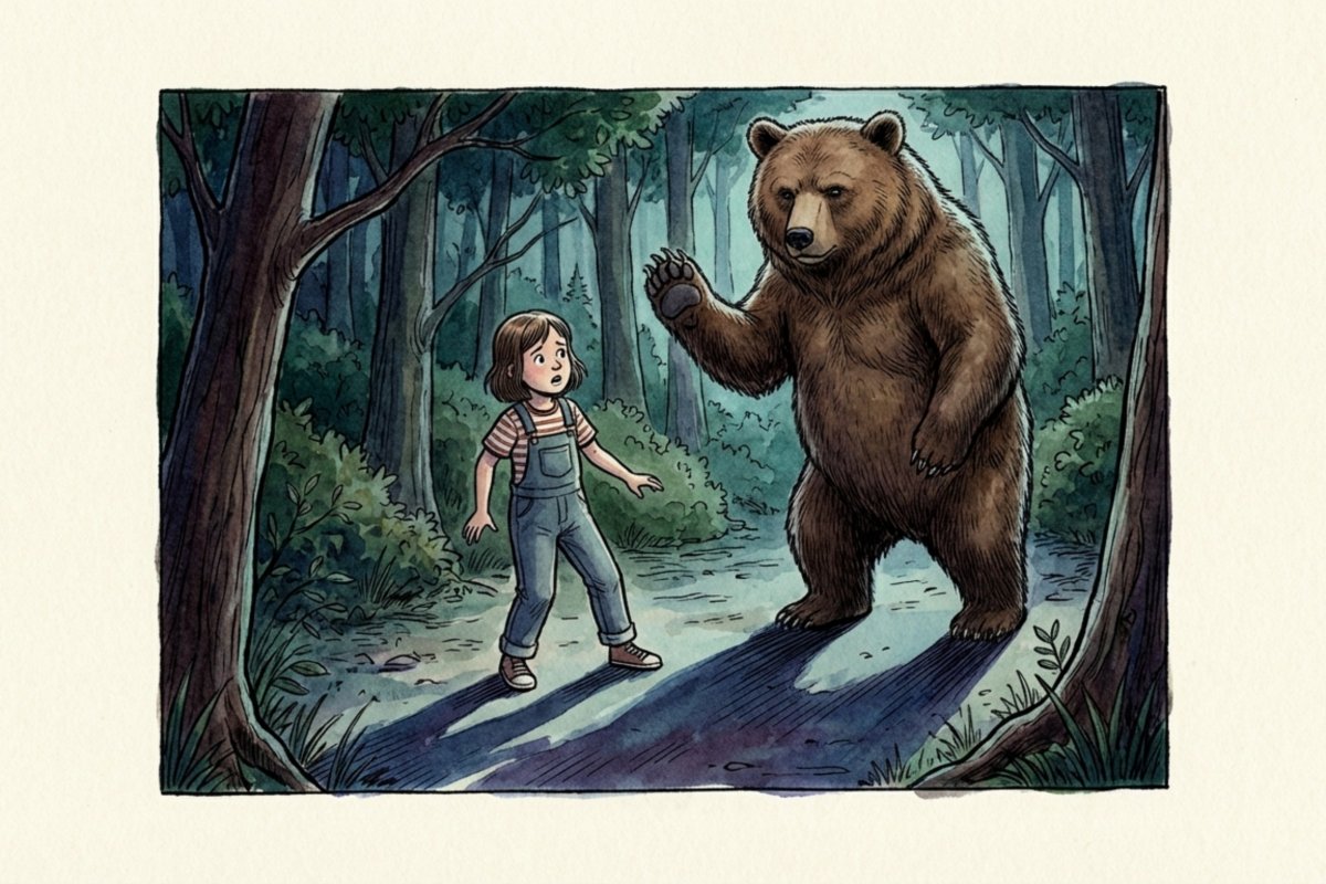 暗い森の小道で女の子が立ち止まり、立ち上がった熊が片手を上げて近づく場面。『森のくまさん』の歌詞が怖い理由や都市伝説、原曲との違いを考える導入に合う